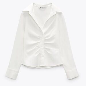ZARA Fitted Stretch Ruched Button Down Shirt